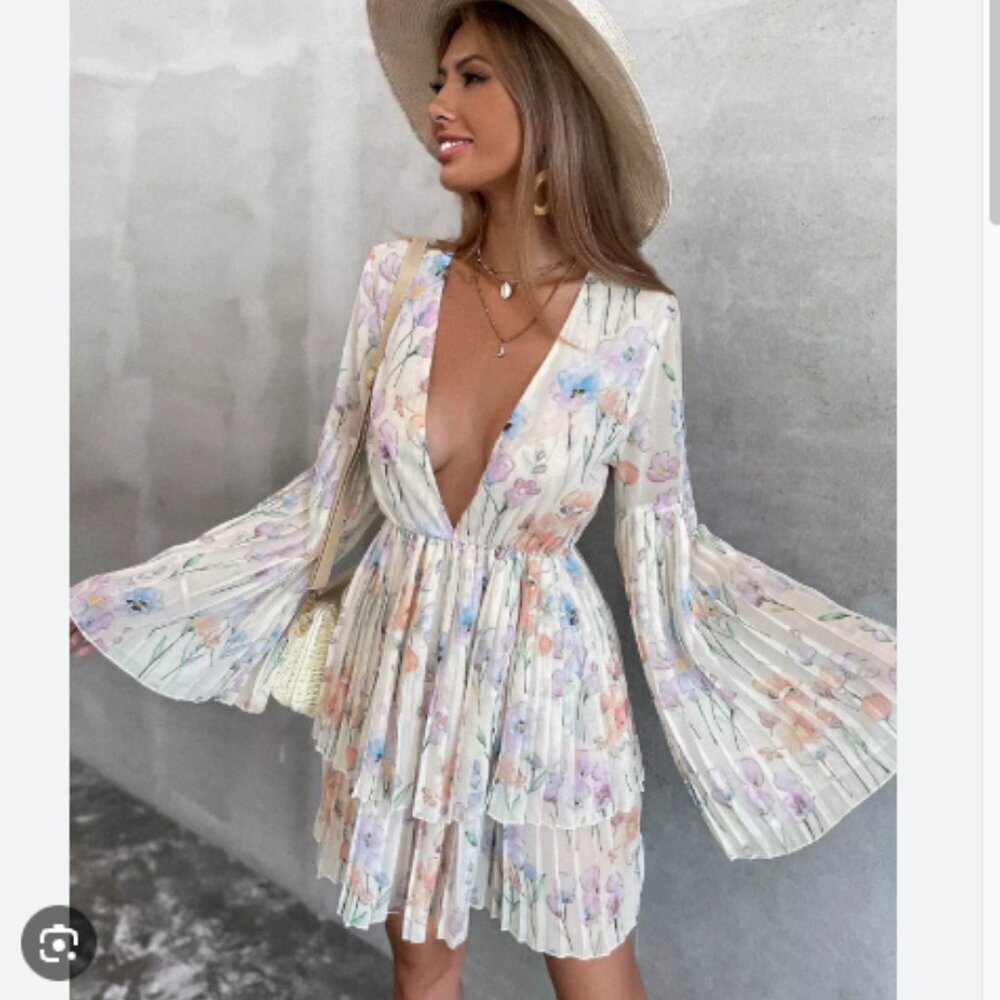 Medium Floral Cream Pleated Deep V Neckline Long Sleeve Dress - Pleated